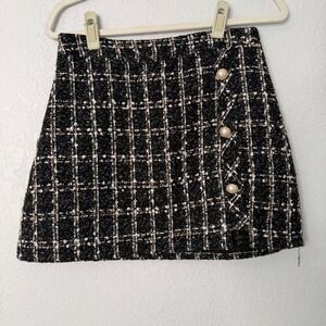 Shein Black White Plaid Tweed Mini Skirt Pearl Button Metallic Accent